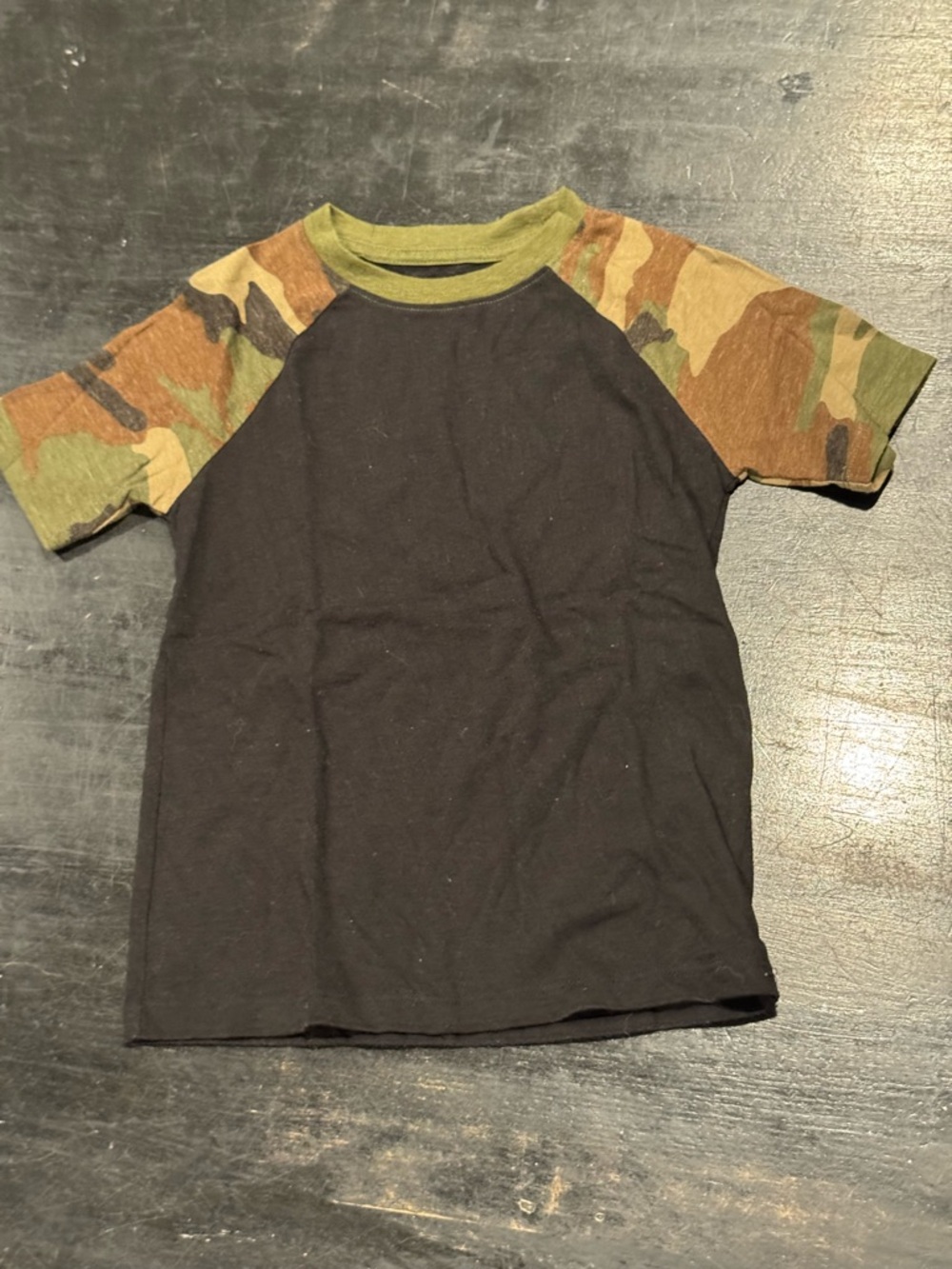 4/$15 wonder nation Black Tee with Camouflage Raglan Sleeves XS (4/5)